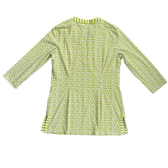 J McLaughlin Catalina Cloth Top Green White‎ Geometric 3/4 Sleeve Size Large - Picture 2 of 8